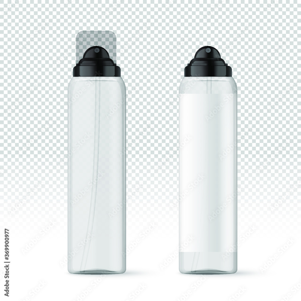 Realistic white transparent cosmetic spray bottles with label. Cosmetic containers and tubes for cream, shampoo, gel, balsam, conditioner, soap, ointment, toothpaste, lotion etc. Vector Illustration