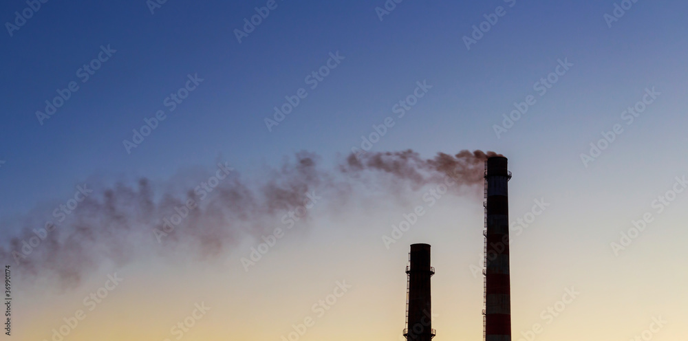 Environmental pollution. Industrial business. Banner. Disaster, smoke.