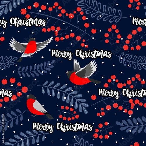 Christmas seamless pattern with bullfinch, rowan berry and green branches on dark background. Vector background for fabric, wrapping paper and phone case..