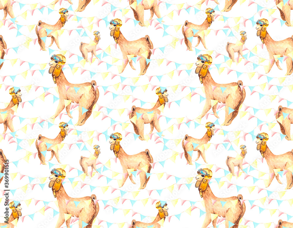 Obraz premium Seamless pattern with a cute Alpaca pilot in a helmet with glasses and holiday flags. Watercolor fun background for textiles, packaging, Wallpaper, children's illustrations, holiday banners.