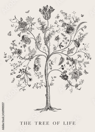 Greeting card. The Tree of Life. Vintage floral vector element. Victorian. Black and white