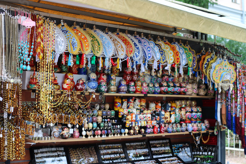 Souvenir shop with kokoshniks, caskets, matryoshkas, amber ornaments, shawls, costume jewelry and much more. The town of Pushkin, near Catherine's Palace.
