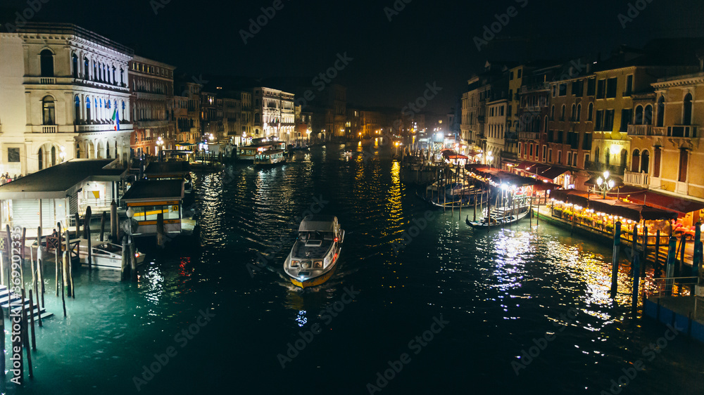 Venice Italy. Grand canal at night. Venice night postcard.