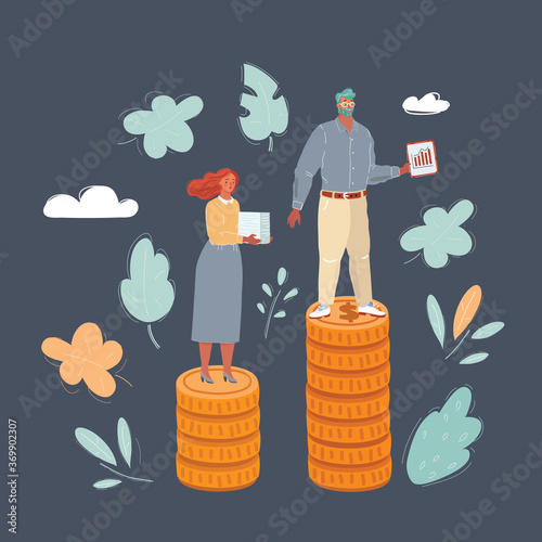 Vector illustration of people standing on stacks of coins. Concept of unequal pay for women and men on dark background.