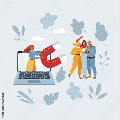 Vector illustration of Social Media Marketing Solution. Woman with big magnet on laptop screen try to increasing the audience. Concept for attracting new followers and customers,