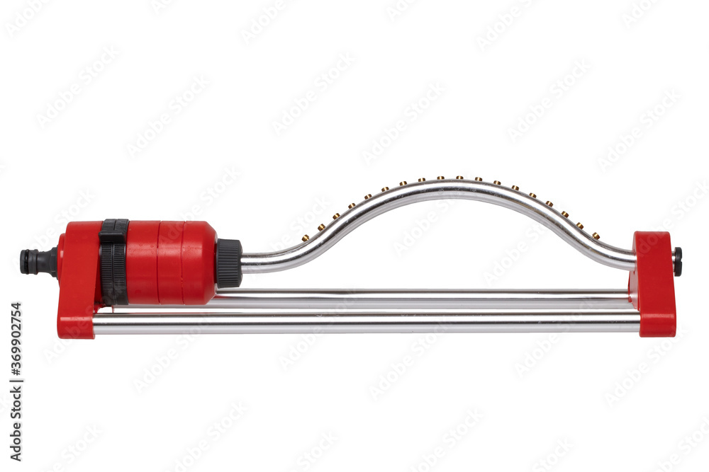 Equipment for watering garden. Closeup of a automatic sprinkler for irrigation of lawn or grass isolated on a white background. Irrigation of the garden is important for the bloom and beauty of a gar - obrazy, fototapety, plakaty 