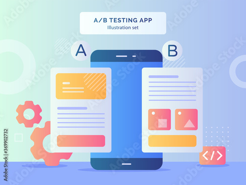 A B testing app illustration set result comparing two web site page wireframe mobile on smartphone with flat style.