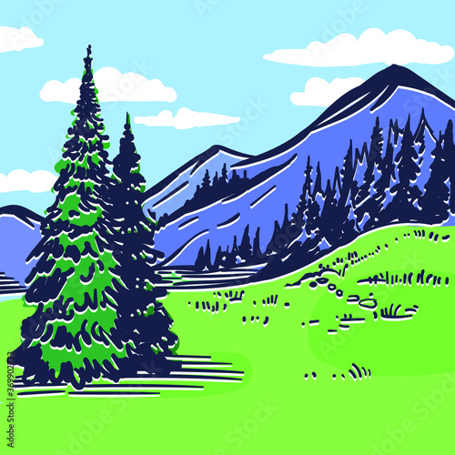 Mountain vector landscape. Beauty nature panorama with trees, forest and sky. Hand drawn inking vintage colorful sketch. Stock vector illustration