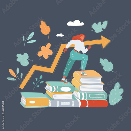 Vector illustration of Young woman student with books on dark background.