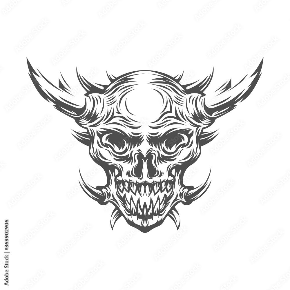 Grunge style art of human skull with many horns. Print design. Demon Head. A demon, supernatural, malevolent. Witchcraft, black magic, occultism, Vector illustration.