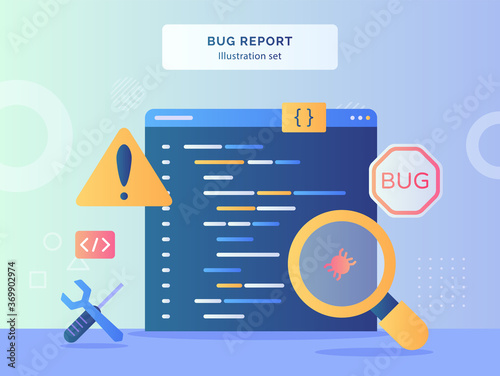 Bug report illustration set magnifying bug on data computer background of warning sign wrench screwdriver with flat style.