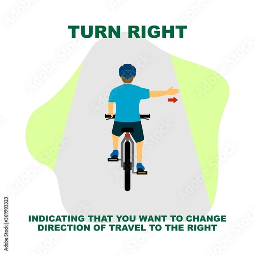 Cycling rules for traffic safety, turn right bicycle hand signals.