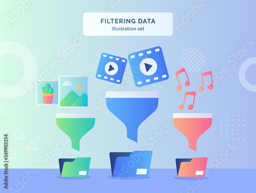 Filtering data illustration set picture video music on funnel to file folder flat style