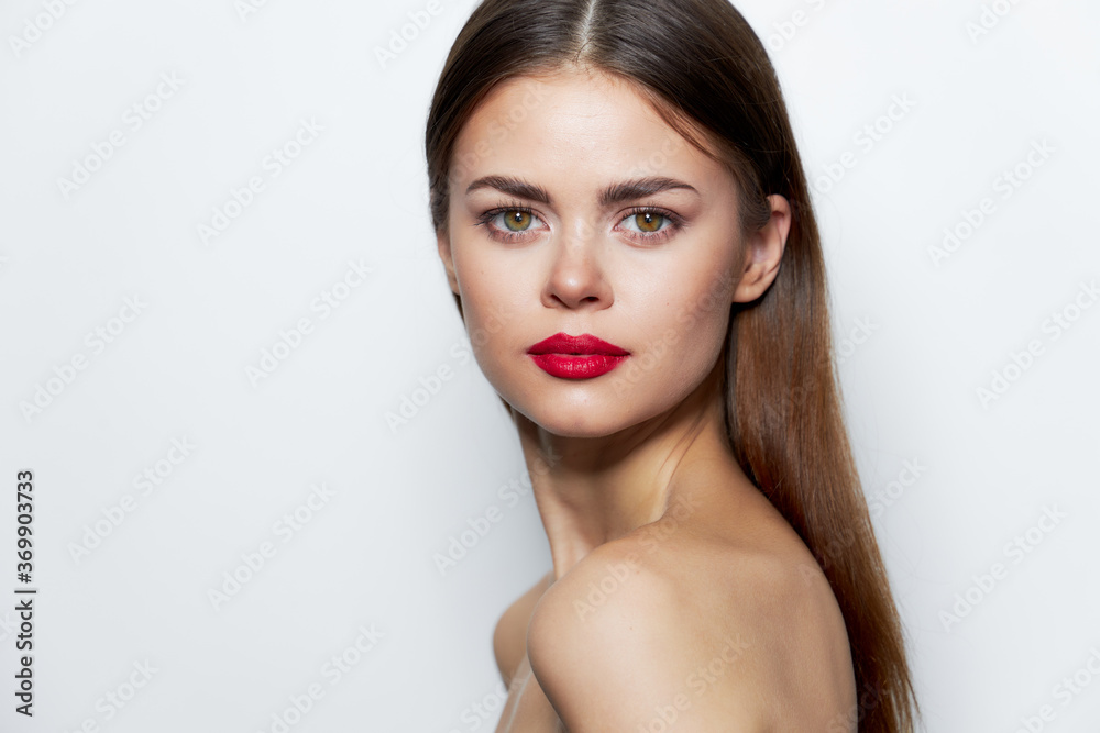 Attractive woman Bare Shoulders Red Lips Studio Model clear skin Attractive woman Bare Shoulders Red Lips Studio Model clear skin
