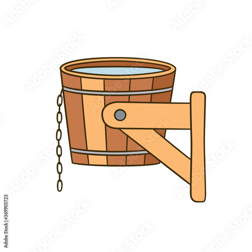 Dousing with cold water. Bucket for hardening procedures. Hand drawn vector illustration on white background
