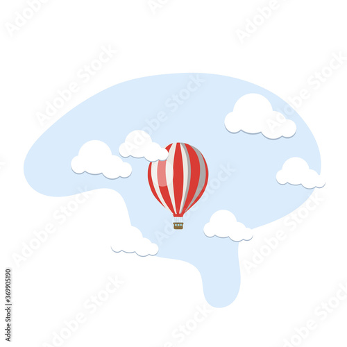 Balloon. Red balloon in the sky among the white I fluff clouds. Vector illustration in ilet style or cartoons.