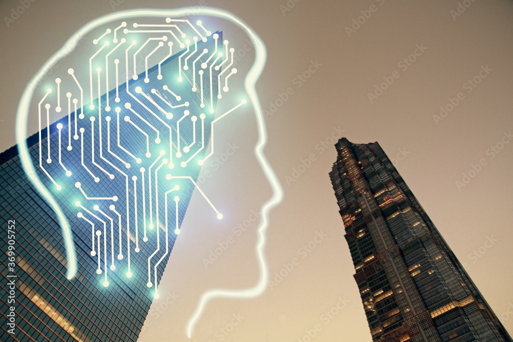 Brain hologram drawing on city scape background Double exposure. Brainstorming concept. Brain hologram drawing on city scape background Double exposure. Brainstorming concept.