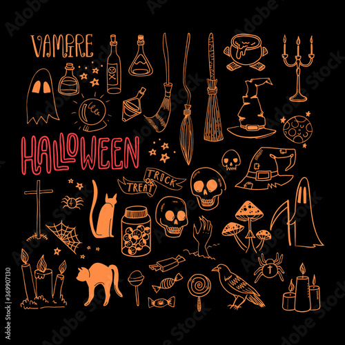 Hand drawn collection of Halloween doodles. Spooky and fun set of icons. EPS 8