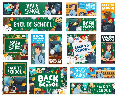 Back to school, education vector design with teachers, students and school supplies. Book, pencil, pen and blackboard, globe, pupil bag, calculator, chalkboard and microscope, bus and diploma banners
