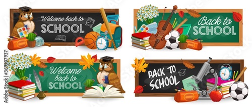 School blackboards, education vector banners. Back to school typography, cartoon green and black chalkboards with learning stuff and schoolbag, ball and owl, books and leaves, flowers and microscope