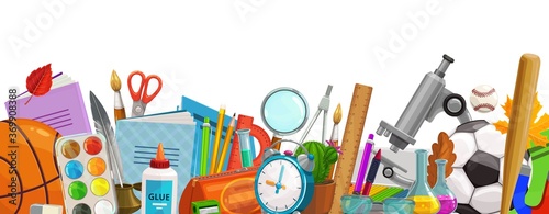 School accessories vector sport ball, notebook, feather and eraser with paints, glue. Scissors and paint brush with pencil sharpener and pen case. Alarm clock, compass and magnifier cartoon border