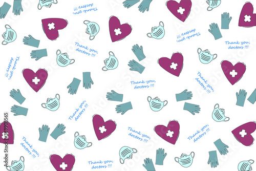 Medical protection vector icons. Thank you doctor vector icons. Vector medical illustration. Illustration pattern of medical mask, medical gloves, heart. Doctors illustration. Med background.