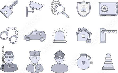 Security services Icons set - Vector color symbols of key, lock, camera, padlock, door, building, signaling for the site or interface