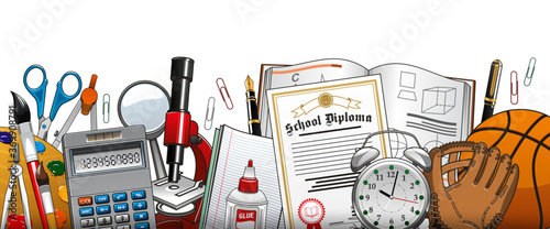 School stationery and accessories vector paints palette, brush and compass, scissors, clip and calculator with magnifier and microscope, glue, diploma and textbook. Alarm clock, baseball glove and pen