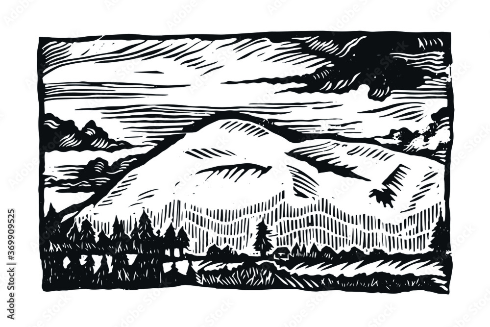 Linocut landscape. Illustration of nature. Clouds and mountains linocut