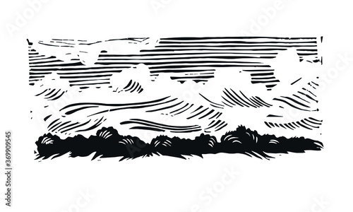Linocut landscape. Illustration of nature. Clouds linocut. Black and white illustration of a cloud.