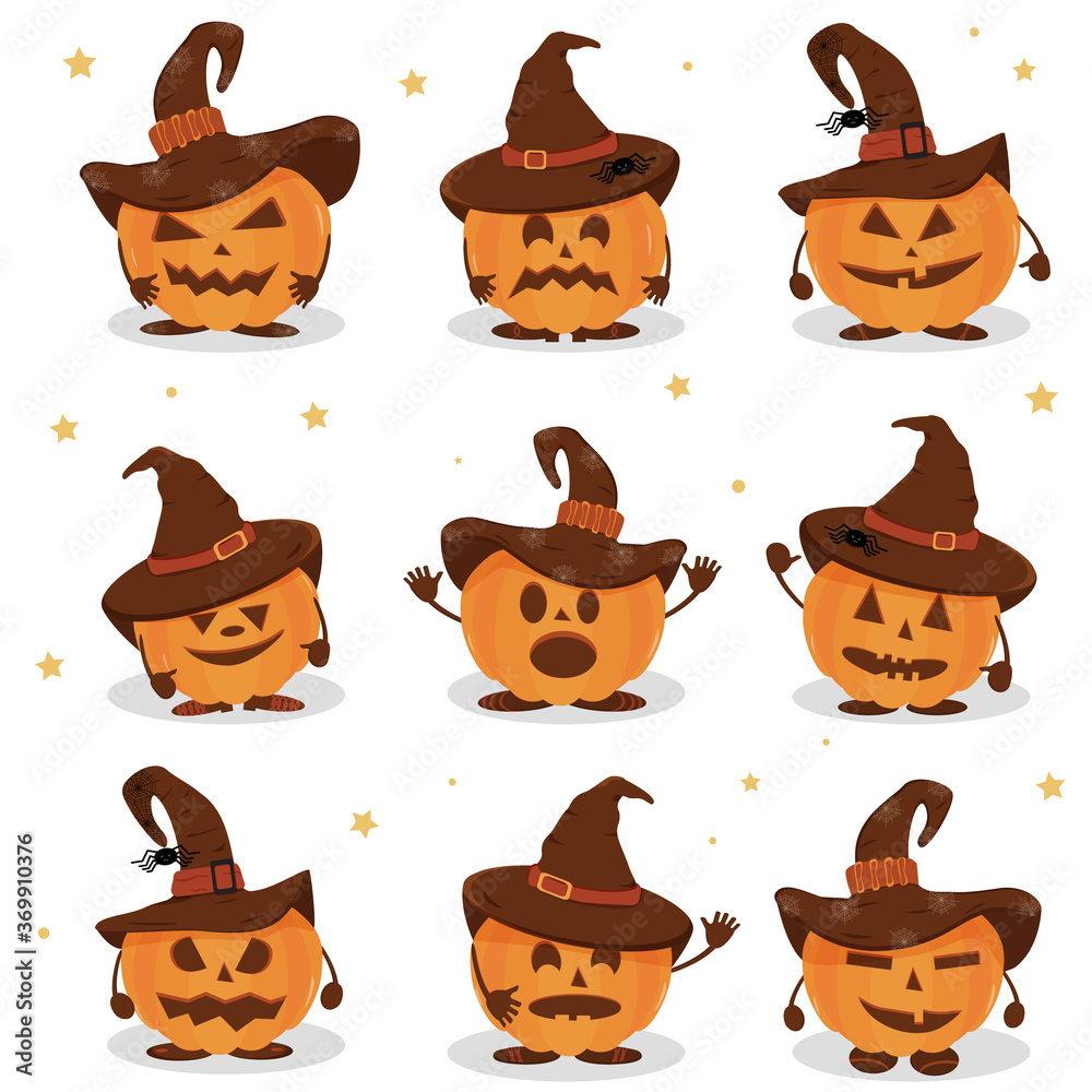 Set of Halloween Pumpkins with a hat. Halloween pumpkin, funny scared face in a hat. Light background. Cartoon icon.