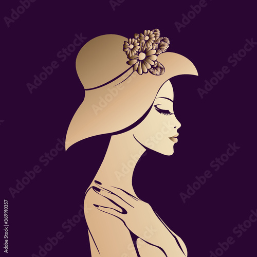 Woman with hat and decorative flowers.Retro, elegant style vector illustration.Beautiful young lady with stylish accessory, makeup and manicure.Fashion and beauty studio logo.Profile view.