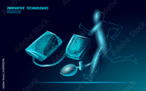 3D low poly jogger medical tonometer for measuring blood pressure. Medical sport check up analysis. Control test run medicine vector illustration