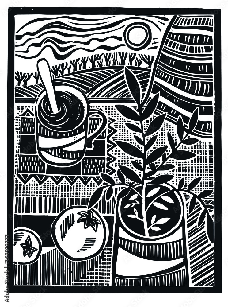 Still life linocut. Print texture. Modern still life. Stock Vector