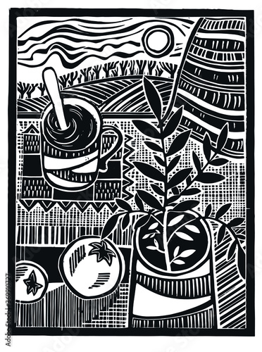 Still life linocut. Print texture. Modern still life.