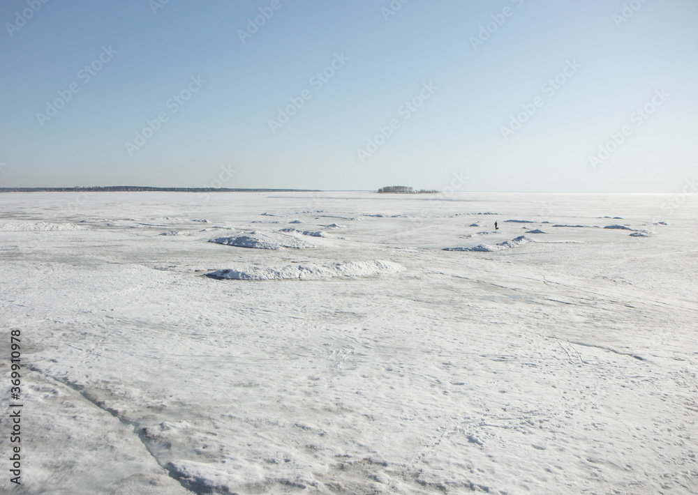 winter landscape with snow frozen water horizon
