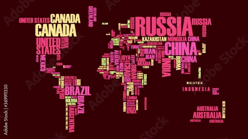 modern world map composed with all the countries names fitting into their places by bouncing falling and appearing on a dark shade of red background