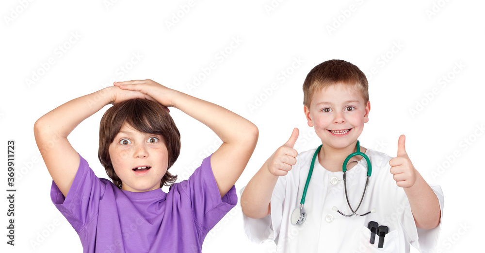 Child wearing a doctor uniform with a patient