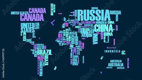 turquoise world map in words with purple and pink colored small countries appearing bouncing and falling creating bussy scene with fresh feeling for modern business enterprise