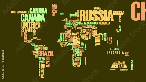 bar or festival animation with interactive world map forming with continents falling into place and countries made of words using soft shade of vibrant colors