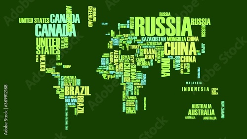 striking formation of world map with continents appearing turning and shrinking composed with country names using fading shades of green and blue for lifestyle blog background