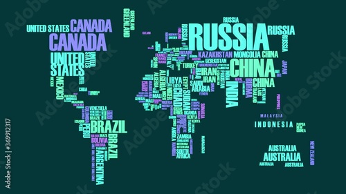 original hipster world map interactive concept with turquoise countries names contrasted with pink and purple colors giving a festive touch for international big festival event