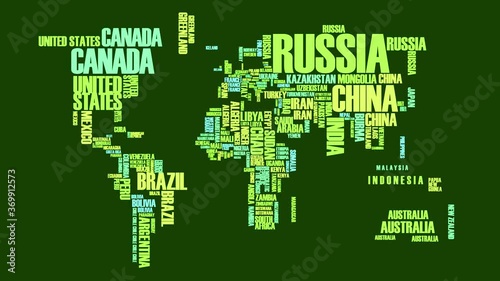 creative world map in words with large and small countries forming abstract continents shapes with contemporary color palette suggesting it for marketing or business presentations