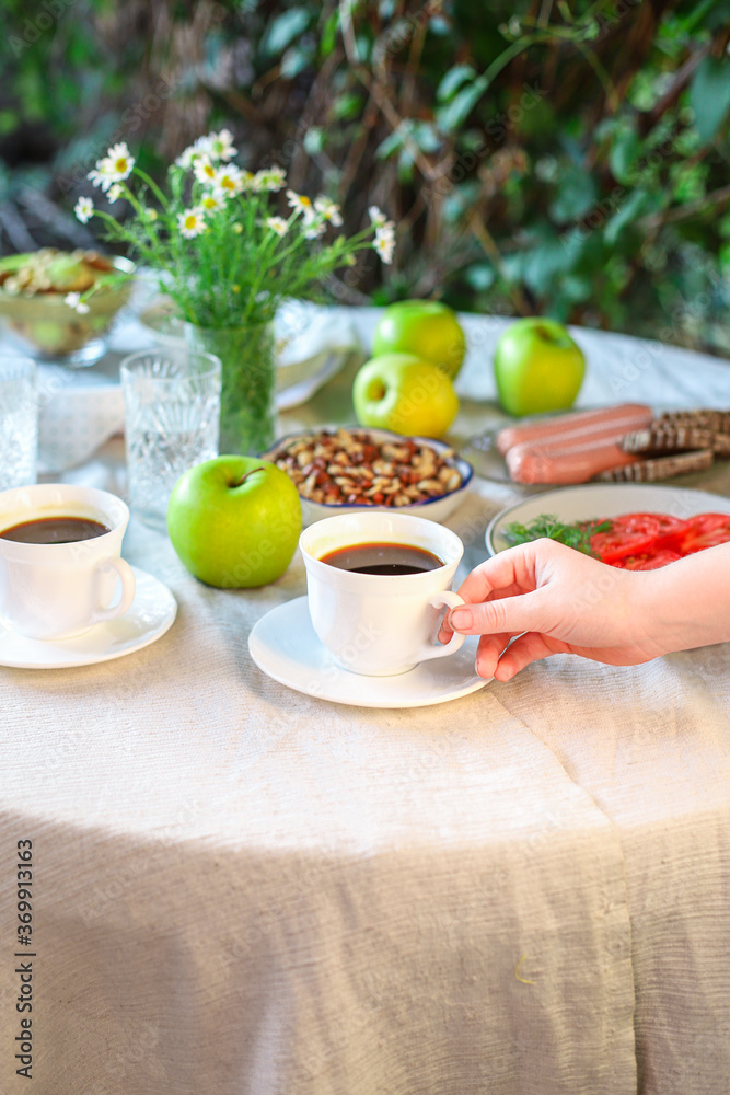 coffee and breakfast on the table tea party break outdoor food background top view copy space for text organic healthy eating coffee and breakfast on the table tea party break outdoor food background top view copy space for text organic healthy eating