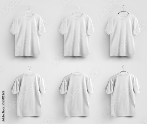 Mockup of men's white T-shirts on metal, plastic hangers, for design presentation, advertising in an online store.
