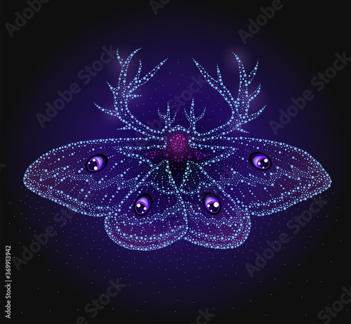 Detailed dots butterfly moth with mythic elements and antlers