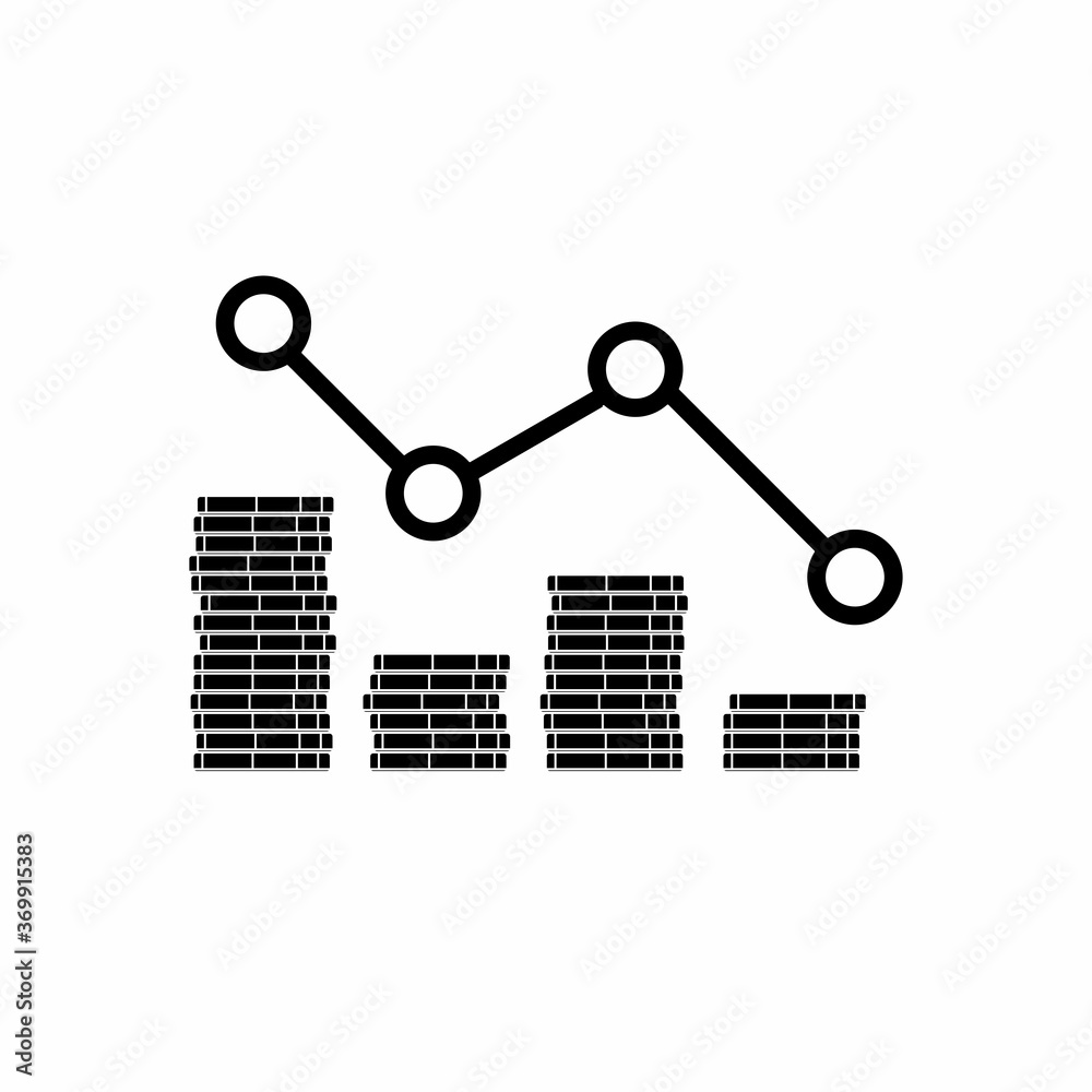 Gold coins price down red graph White Outline icon vector isolated. Price dollar up. Gold coins price down red graph White Outline icon vector isolated. Price dollar up.