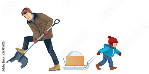 Father and son work together. Dad and boy cleans snow in the yard. Outdoor activity. Happy family. Concept Fatherhood child-rearing. Cartoon flat isolated vector illustration