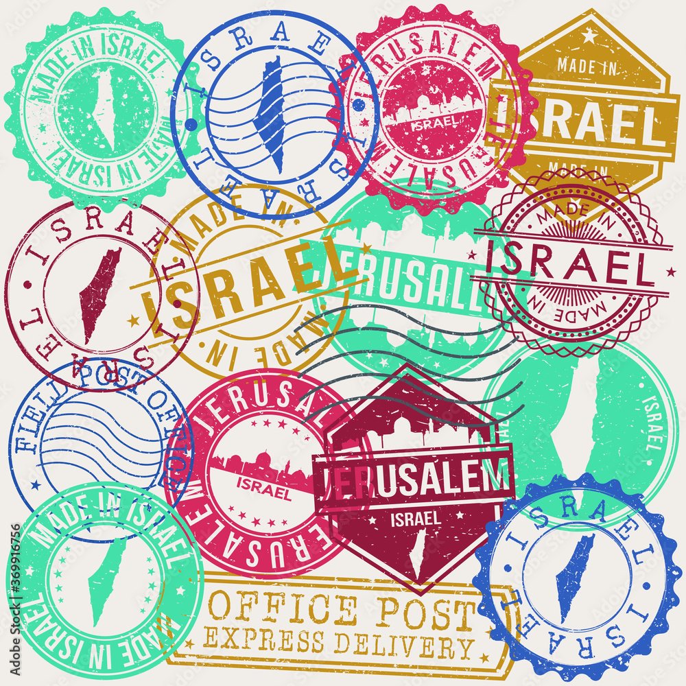 Jerusalem Israel Set of Stamps. Travel Stamp. Made In Product. Design Seals Old Style Insignia.
