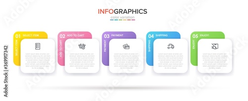 Concept of shopping process with 5 successive steps. Five colorful graphic elements. Timeline design for brochure, presentation, web site. Infographic design layout.